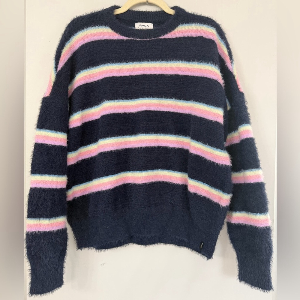 RVCA Women’s XS Oversized (measures larger) Navy Pink Yellow Retro Fuzzy Sweater